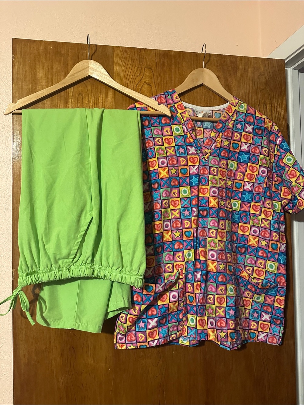 Peaches Bright Multi-Color Heart & Star Print Top with Lime Green Pants